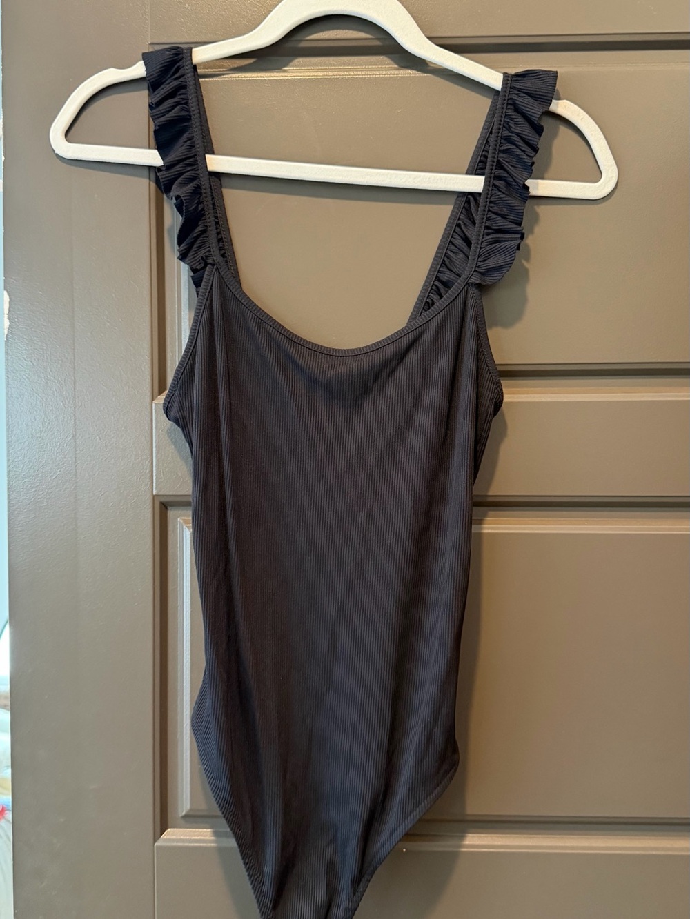 Zara Black Ribbed Scoop Neck Bodysuit with Ruffled Straps